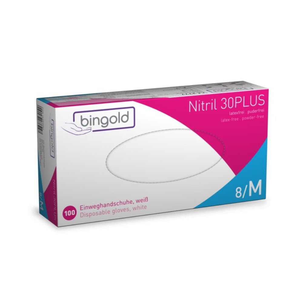 Weiße Handschuhbox mit der Aufschrift "bingold Nitril 30PLUS". Enthält 100 Einweghandschuhe, Größe M. Latex- und puderfrei.