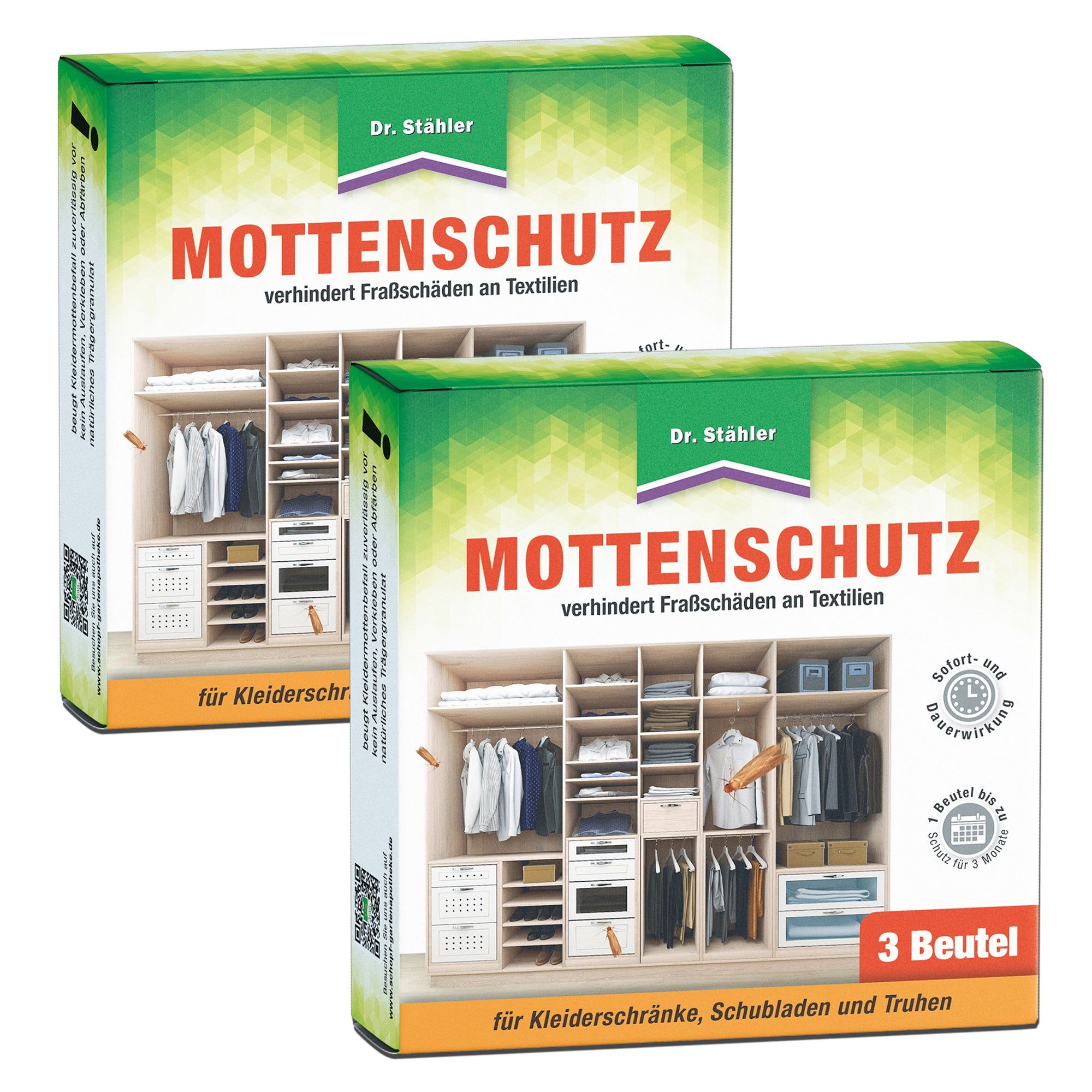 Zwei grüne Kartons mit Aufschrift 'Mottenschutz'. Abbildung eines Kleiderschranks. Text: '3 Beutel'.