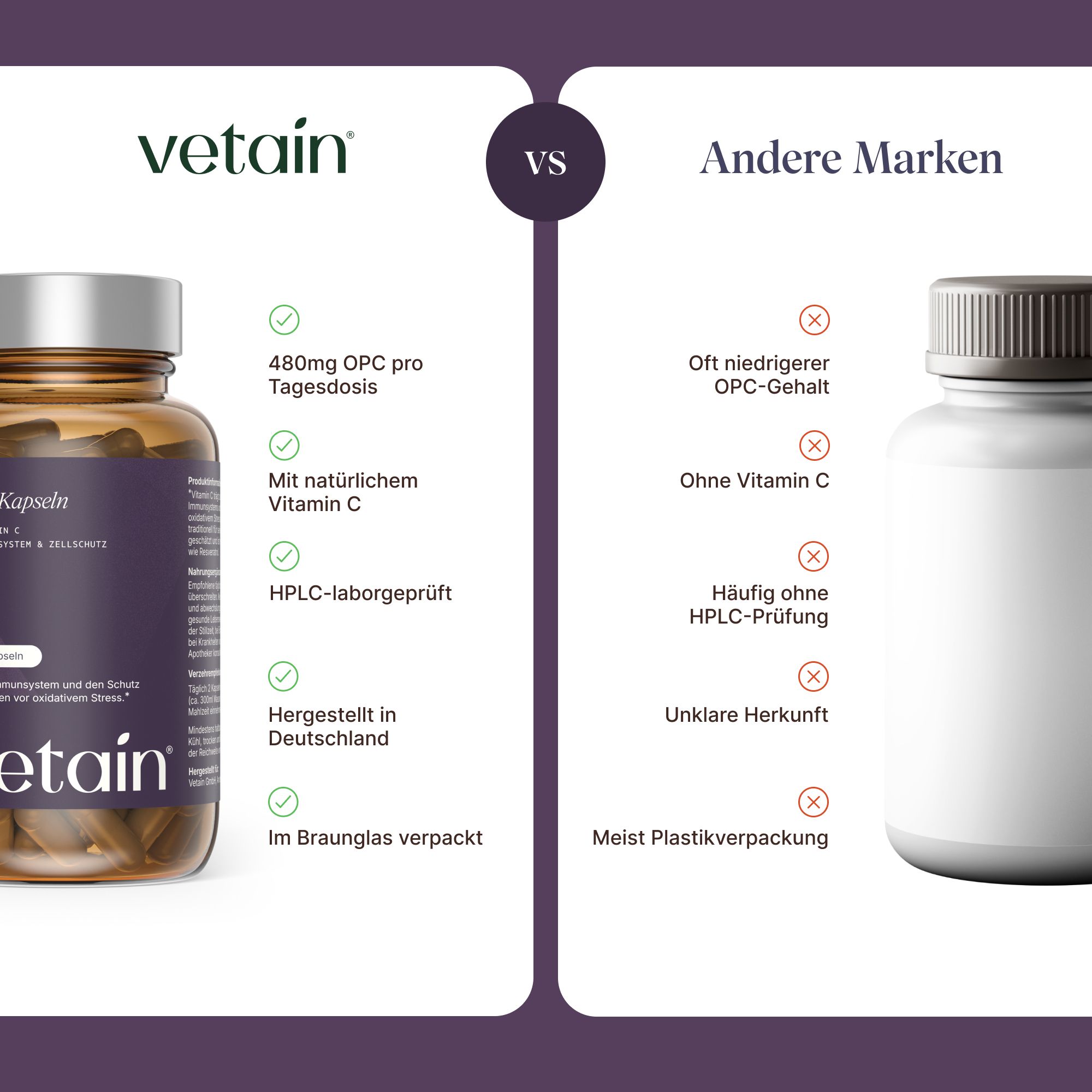 Vergleich von Vetain OPC-Kapseln mit anderen Marken. Vetain ist in Braunglas verpackt, andere Marken in Plastik.
