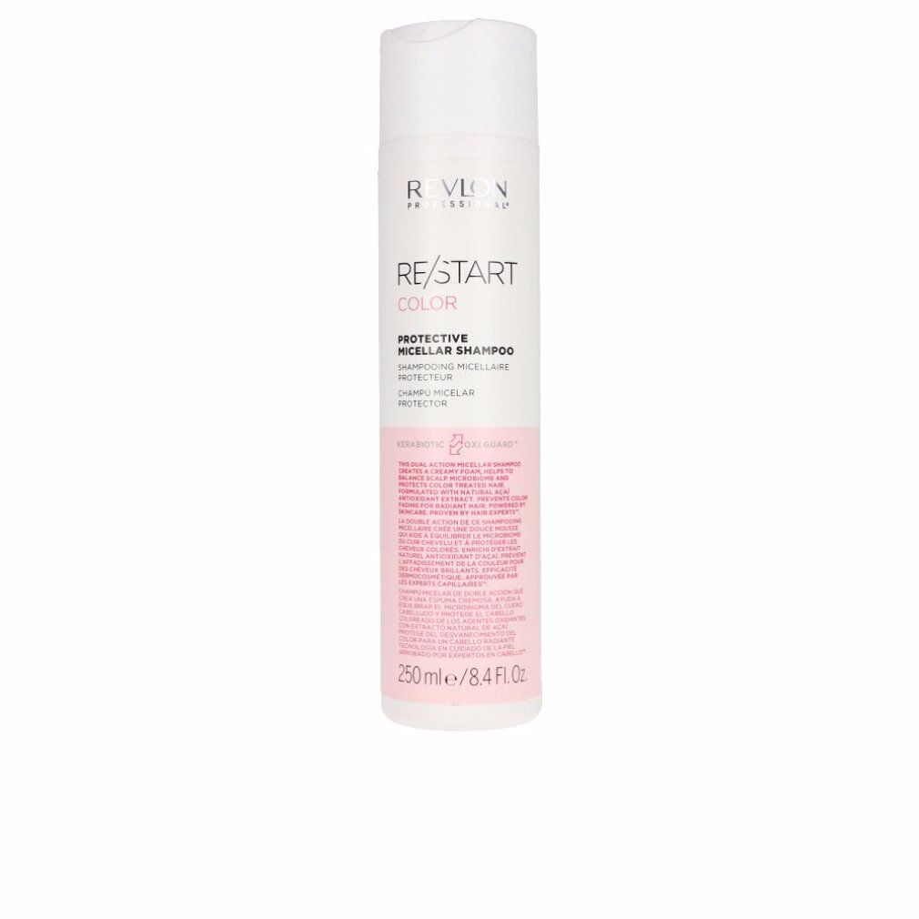 Weiß-rosa Flasche. Text: RE/START COLOR, PROTECTIVE MICELLAR SHAMPOO. 250 ml/8.4 FL.OZ. Mit Produktinformationen.