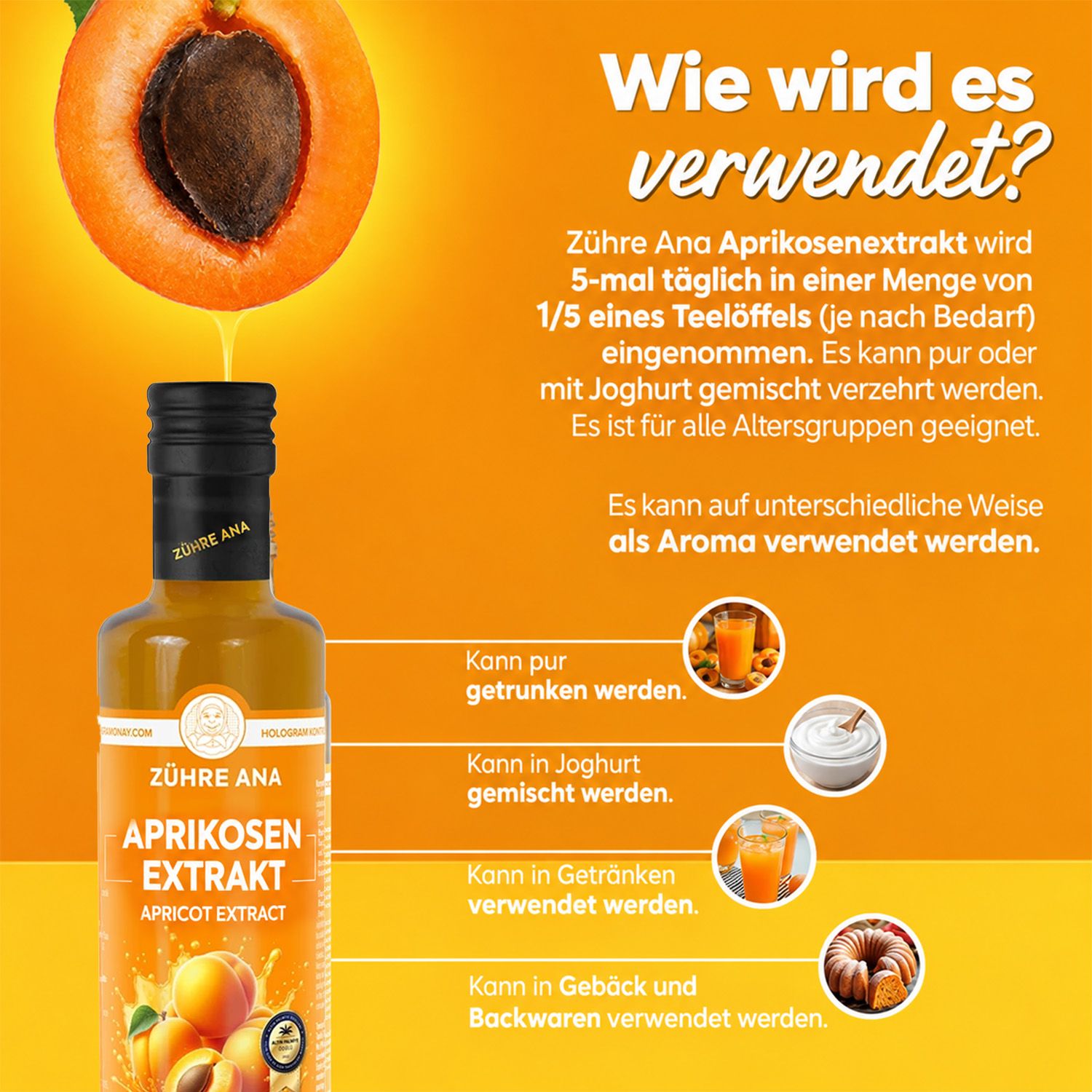 Flasche mit Aprikosenextrakt, Etikett mit Früchten und Text.