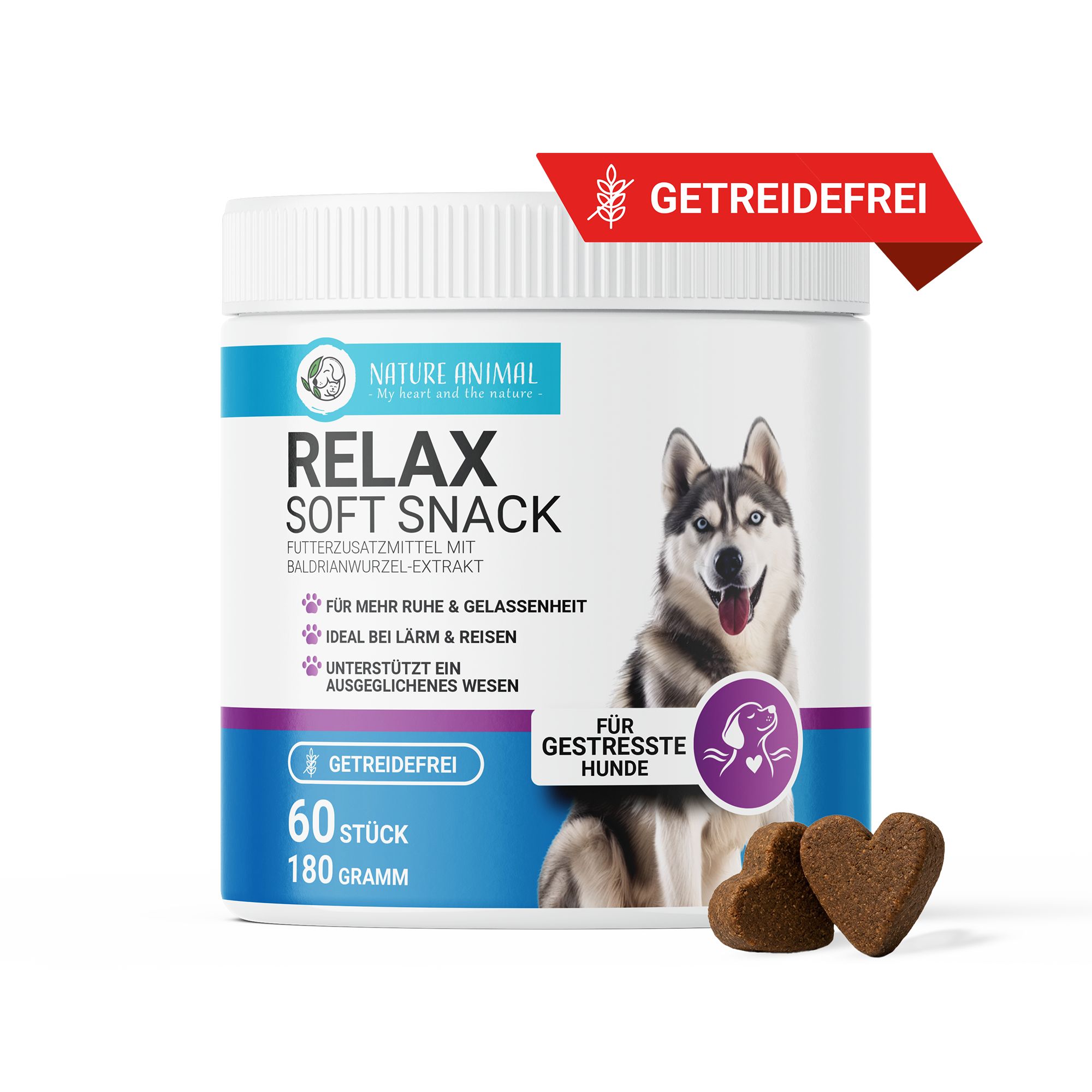Hundefutter: Nature Animal Relax Soft Snack, getreidefrei. Für ruhigere Hunde. 60 Stück, 180 Gramm.