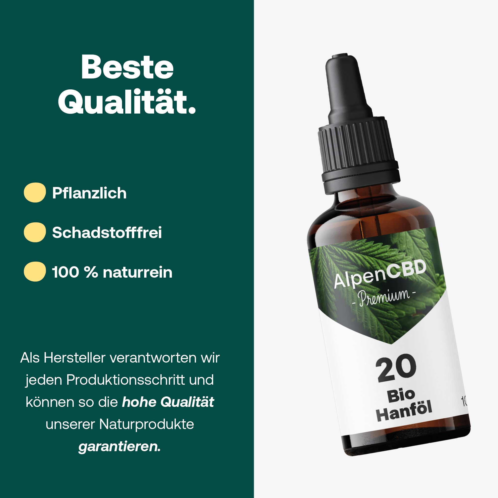 Braune Glasflasche mit Tropfer. Etikett mit AlpenCBD, 20 Bio Hanföl. Text: Beste Qualität. Logos.