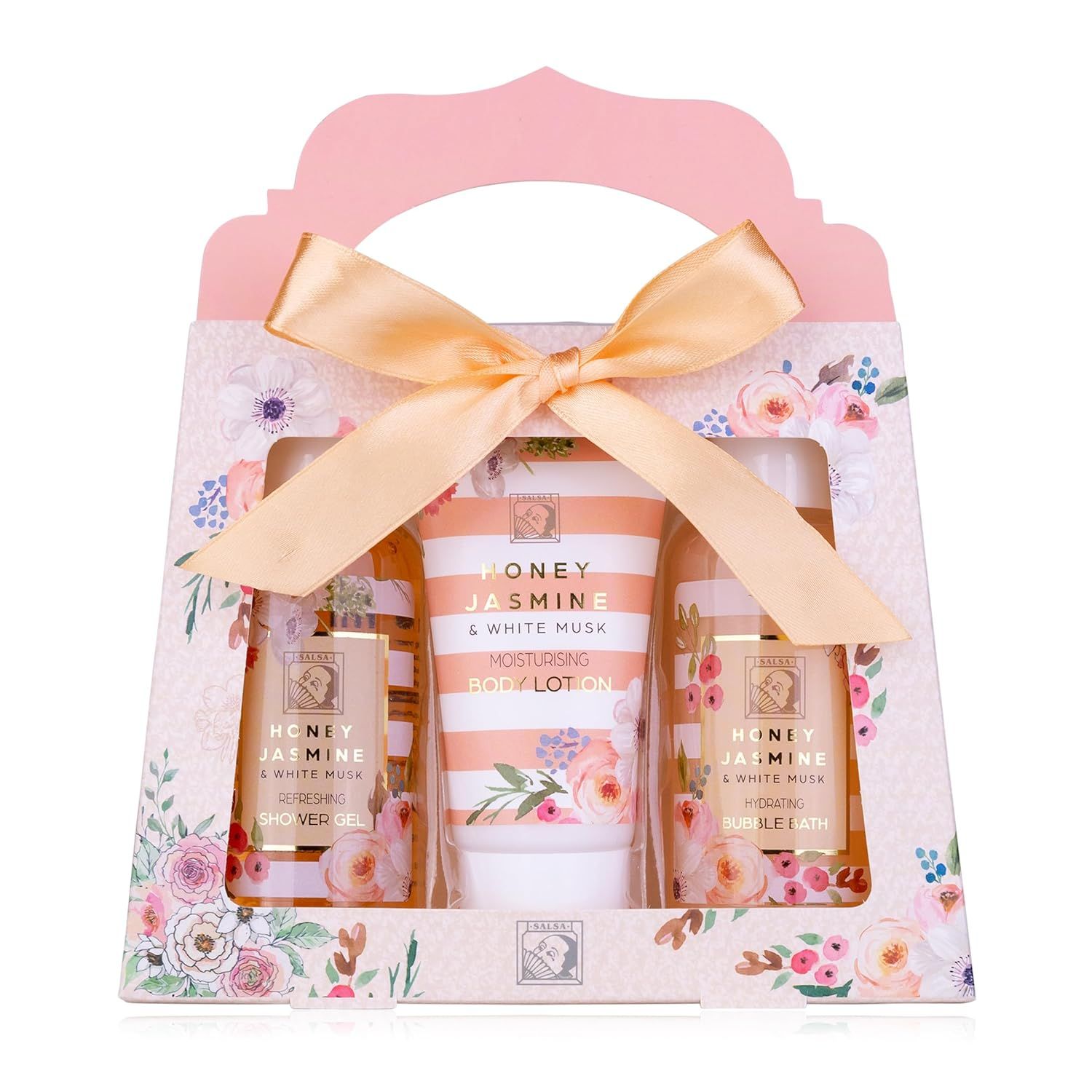 Geschenkset mit drei Produkten: Duschgel, Bodylotion und Schaumbad. Verpackt in einer Geschenkbox mit Schleife.