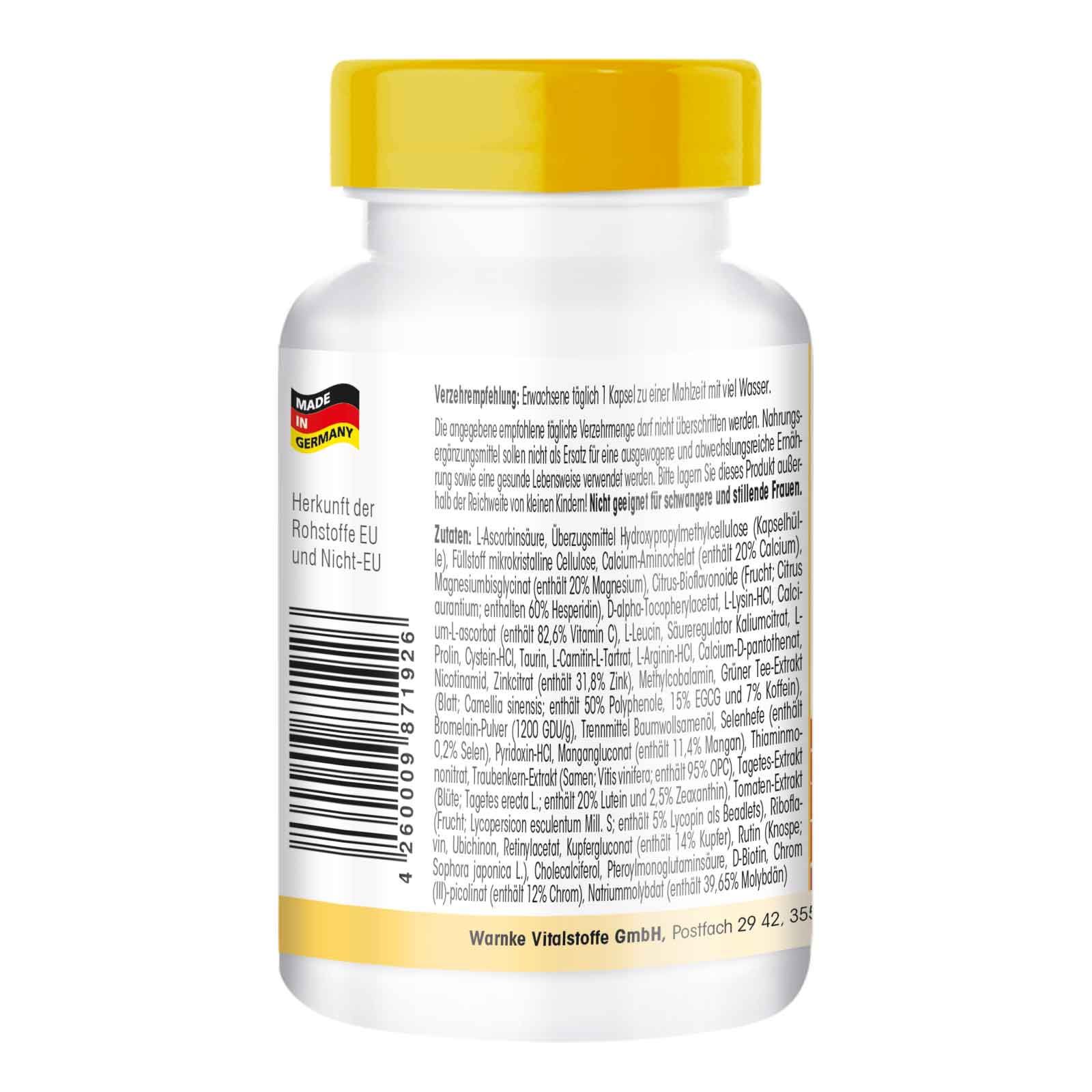 Rückseite einer weißen Pillenflasche mit gelbem Deckel. Text: Inhaltsstoffe, Herkunft EU und Nicht-EU, Made in Germany, Barcode.