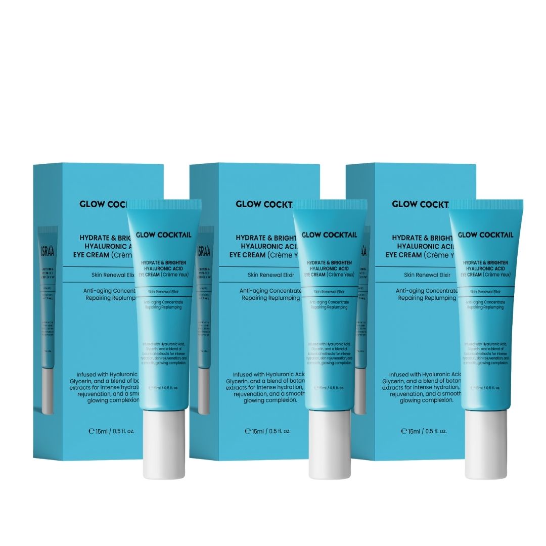 Vier Tuben und vier Schachteln. Aufschrift: Glow Cocktail, Hydrate & Brighten Hyaluronic Acid Eye Cream. Hellblaue Verpackung.