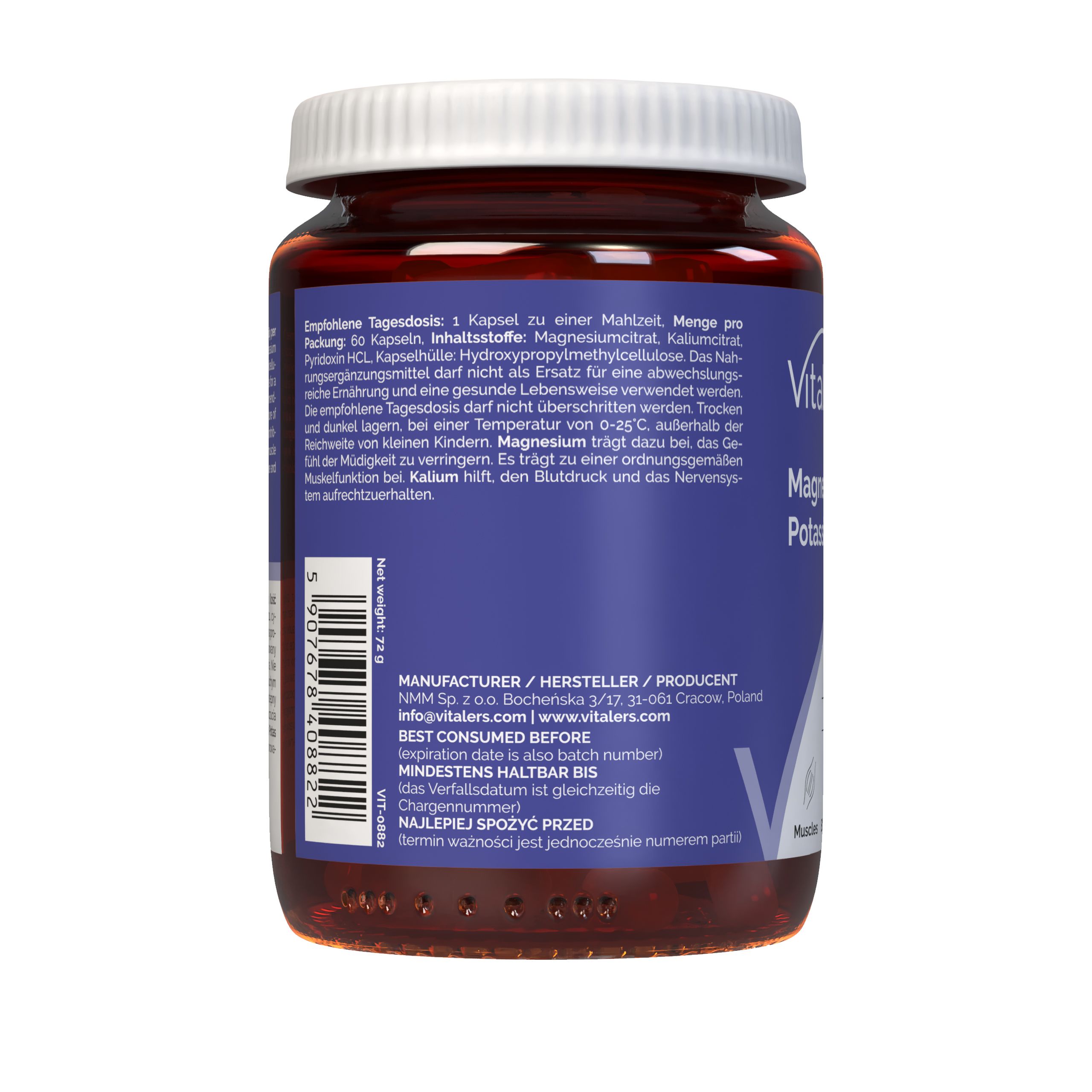 Rückseite der Vitaler's Magnesium + Kalium + B6 Kapseldose mit Hersteller- und Haltbarkeitsinformationen.