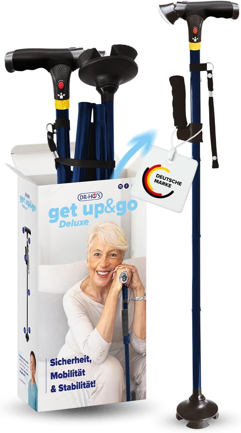 DR-HO'S Get Up & Go Gehstock mit LED-Licht, Alarmknopf & 4-Punkt-Standfuß