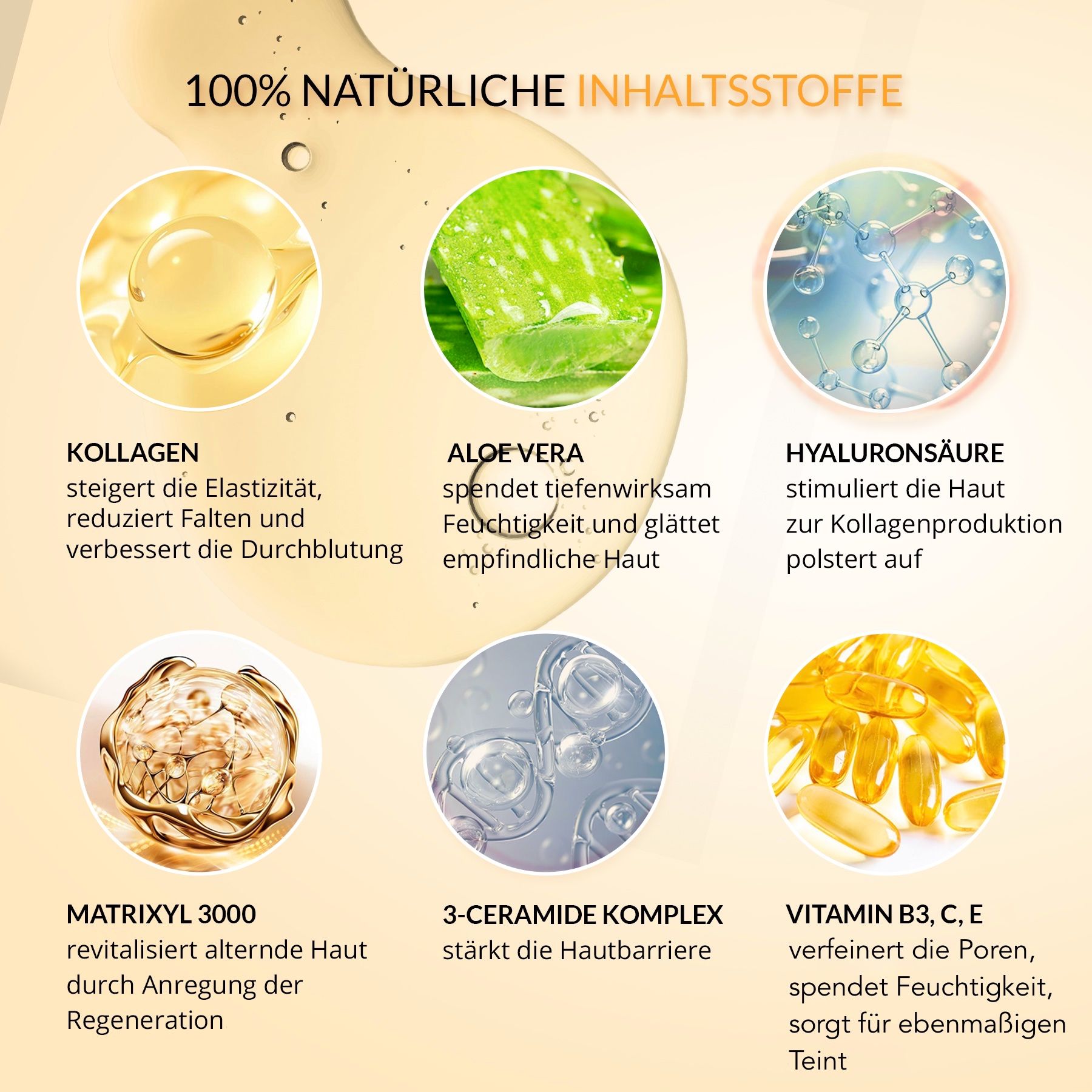 Grafik mit Inhaltsstoffen. Kollagen, Aloe Vera, Hyaluronsäure, Matrixyl 3000, 3-Ceramide Komplex, Vitamin B3, C, E.