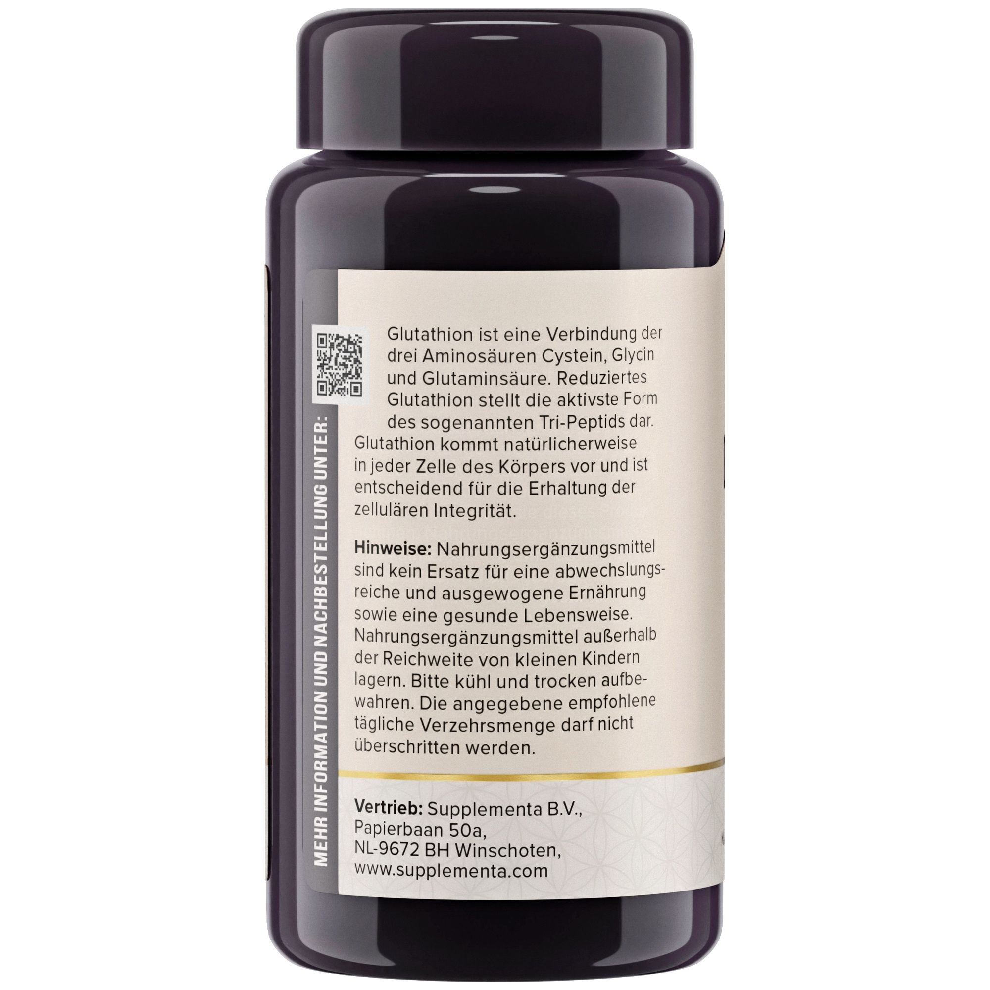 Braune Flasche mit weißem Etikett. Text: Glutathion, eine Verbindung von Aminosäuren. Hinweise: Nahrungsergänzungsmittel sind kein Ersatz für eine ausgewogene Ernährung.