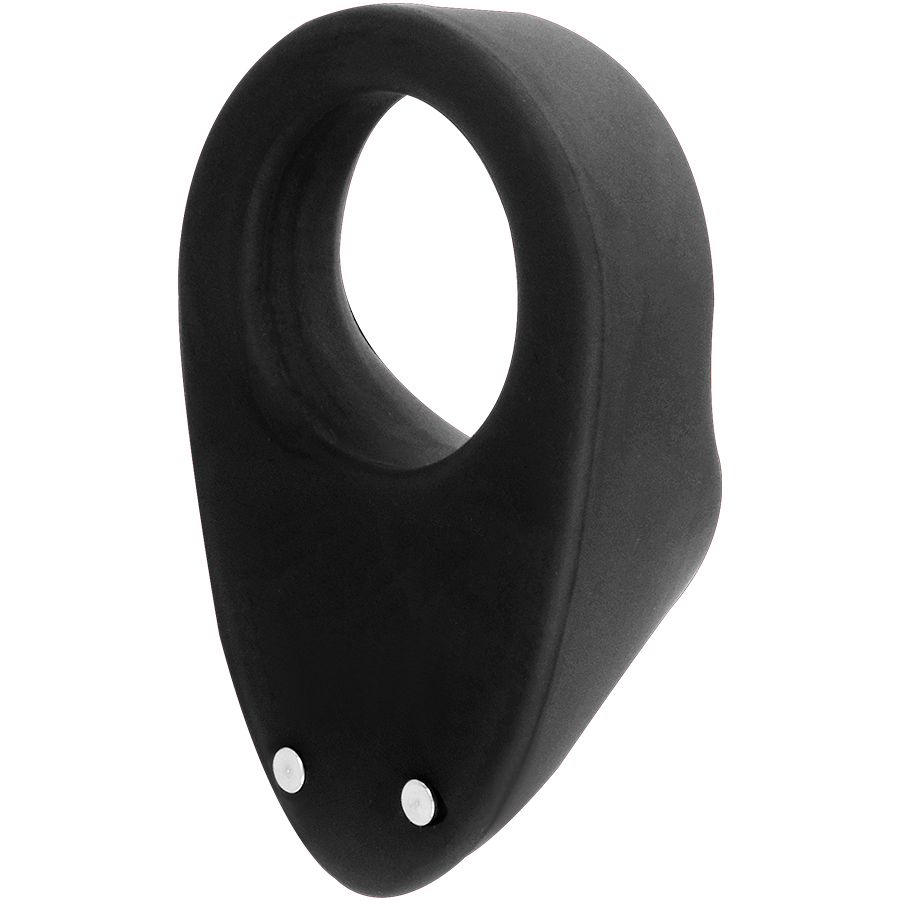 Schwarzer Penisring mit zwei Knöpfen an der Unterseite. Ovale Form mit Öffnung.