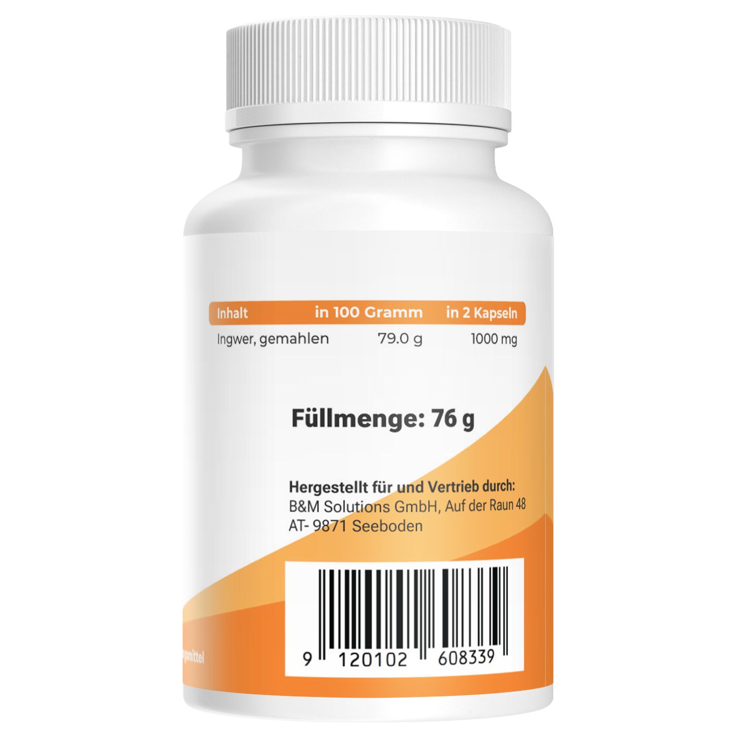 Rückseite einer Flasche mit Ingwer-Kapseln. Inhalt: Ingwer, gemahlen. Füllmenge: 76 g. Herstellerinformationen und Barcode.