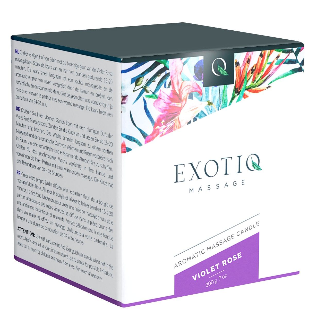 Quadratische Produktverpackung. Aufdruck mit floralem Muster und Produktnamen. Text: Exotiq Massage, Aromatic Massage Candle, Violet Rose.