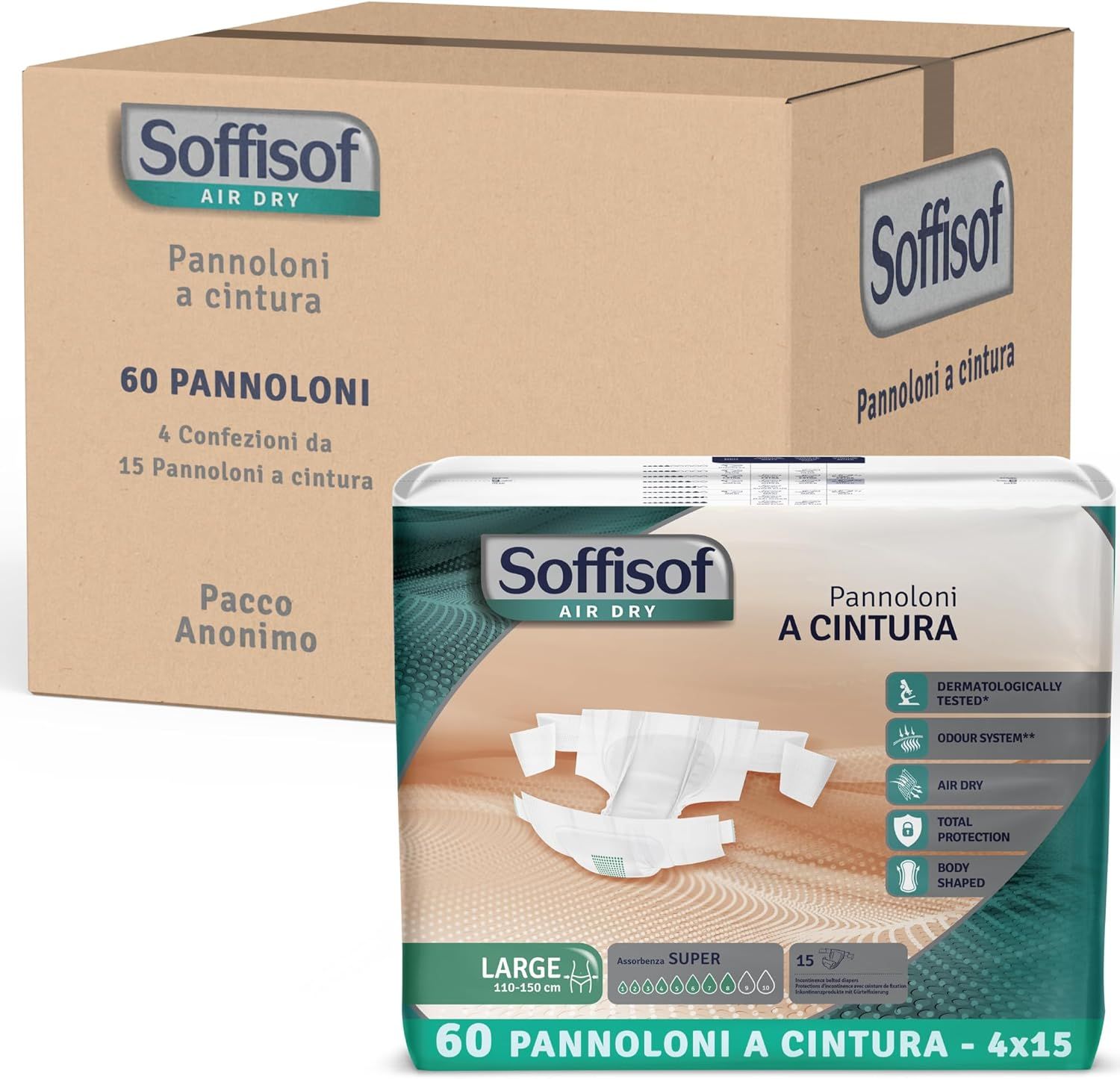 Soffisof Inkontinenzschutz mit Hüftbund Extra. Verpackung und Karton. Produktabbildung: Windel mit Hüftbund.