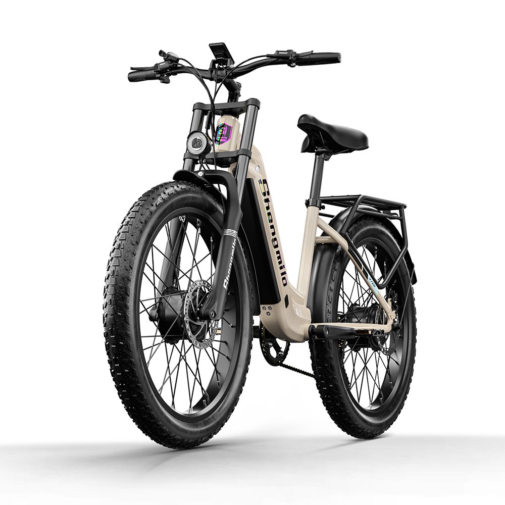 E-Bike, Frontansicht. Beige Rahmen, schwarze Reifen. Marke Shengmilo sichtbar. Frontscheinwerfer und Federung.