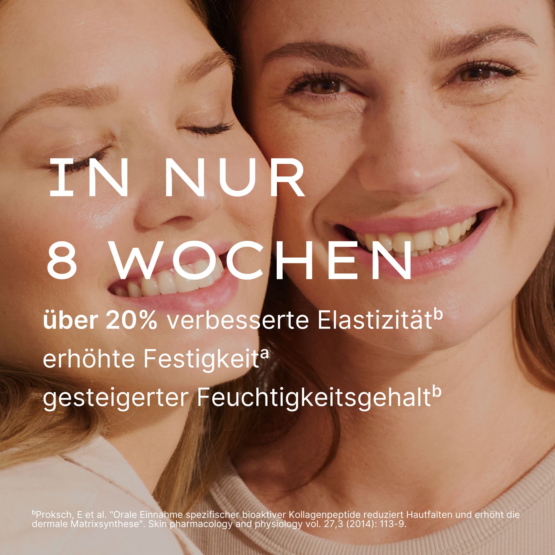 Zwei Frauen lächeln. Text: In nur 8 Wochen über 20% verbesserte Elastizität, erhöhte Festigkeit, gesteigerter Feuchtigkeitsgehalt.