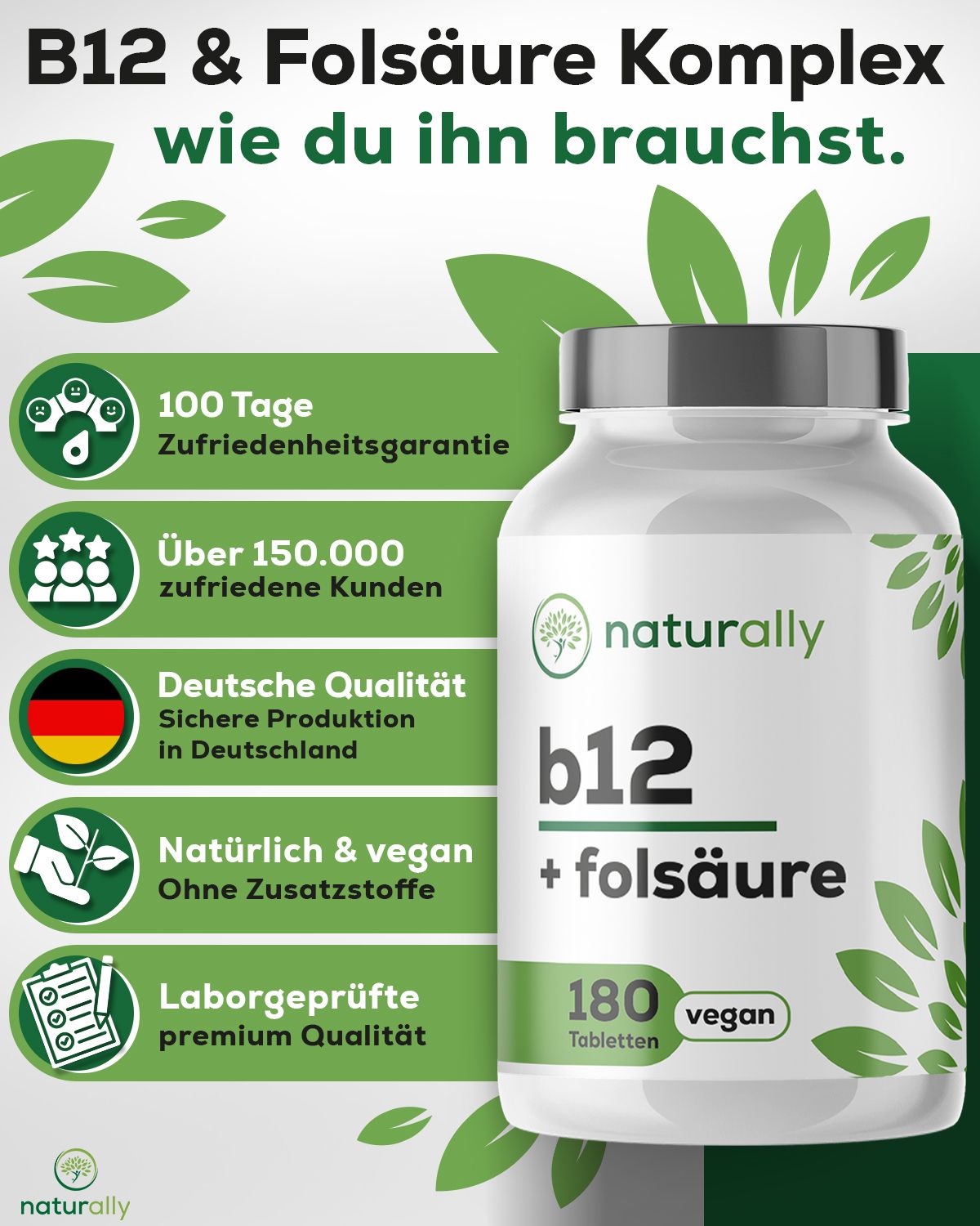 Tablettenflasche mit grünen Blättern und Text. Aufschrift: naturally, b12 + folsäure, 180 Tabletten, vegan.