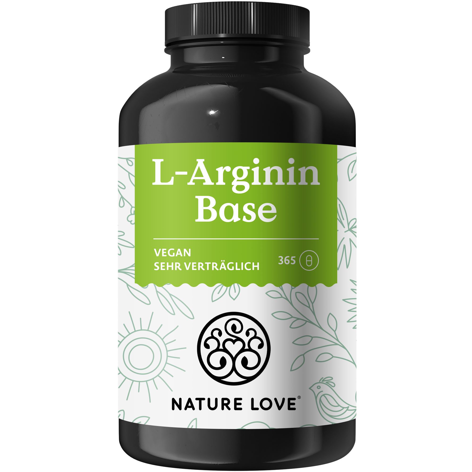 Schwarze Flasche mit grünem Etikett. Aufschrift: L-Arginin Base, vegan, sehr verträglich. Logo: NATURE LOVE®. 365 Kapseln.