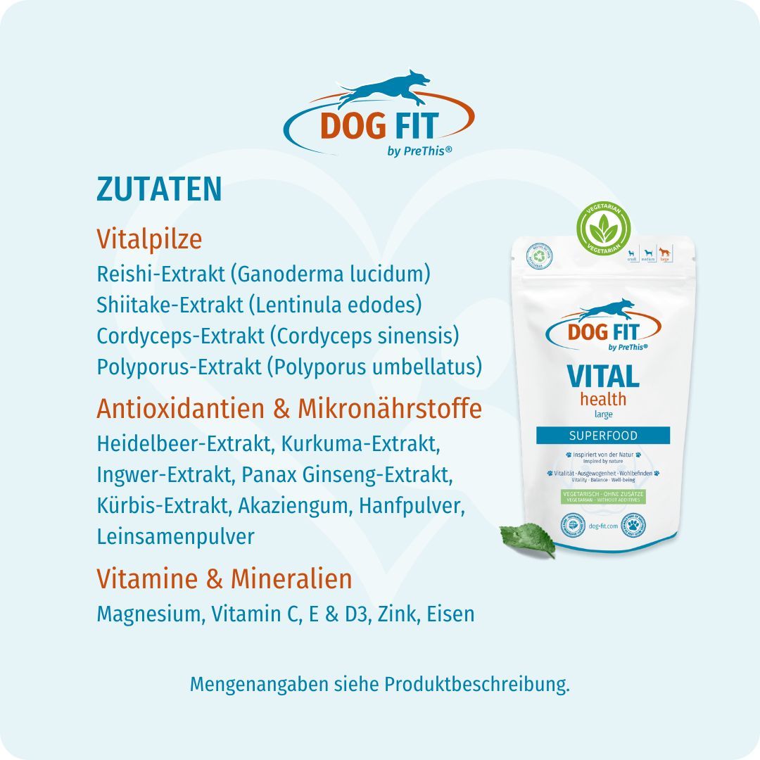 Produktverpackung DOG FIT VITAL health large. Text: ZUTATEN. Vitalpilze, Antioxidantien & Mikronährstoffe, Vitamine & Mineralien.