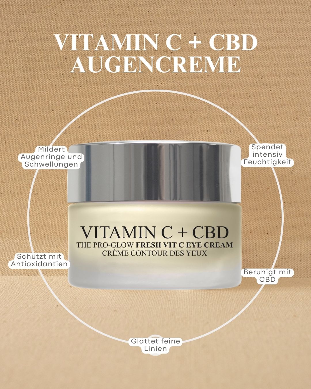 Glasbehälter mit silbernem Deckel, beschriftet mit „Vitamin C + CBD“. Umgeben von Kreisen mit deutschen Produktvorteilen.
