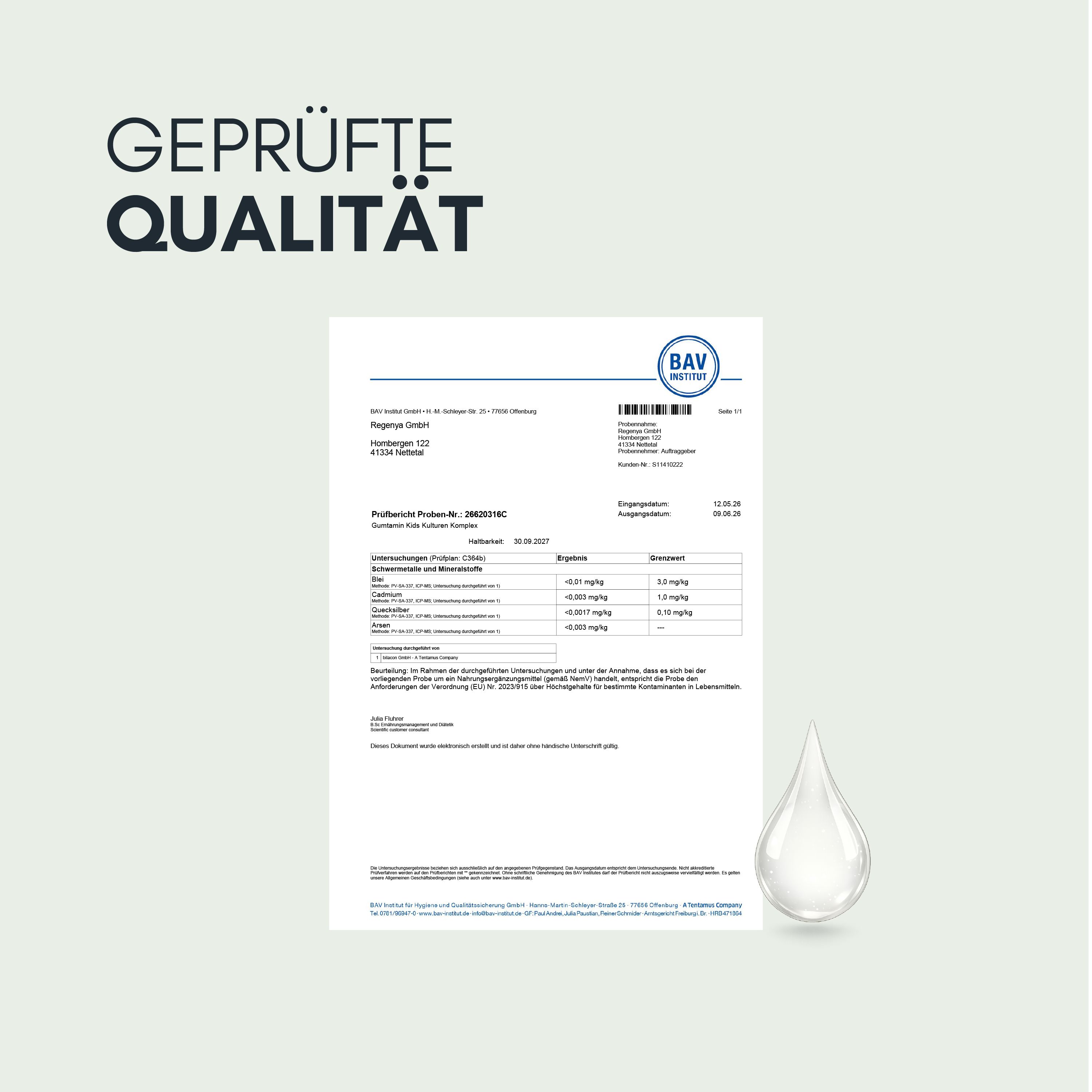 Geprüfte Qualität: Laborbericht von BAV Institut mit Analyseergebnissen.