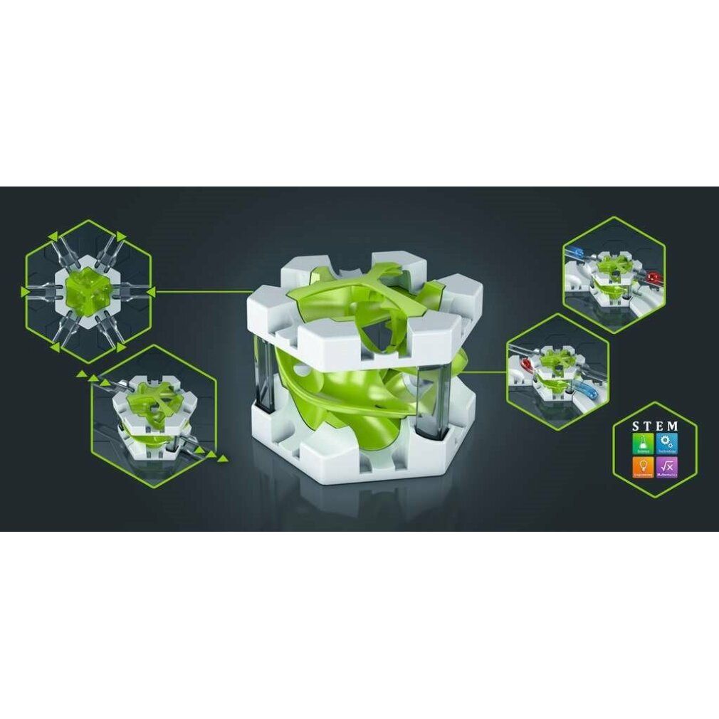 Helix-Erweiterung, Bauteile, Logos, Produktname, Piktogramme, STEM-Logo. Verschiedene Perspektiven auf grauem Hintergrund.