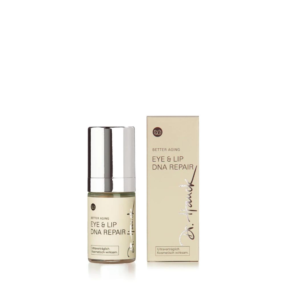 Zylinderförmige Flasche und Verpackung. Aufschrift: EYE & LIP DNA REPAIR. Silberner Deckel. Beige Verpackung mit Schriftzug.