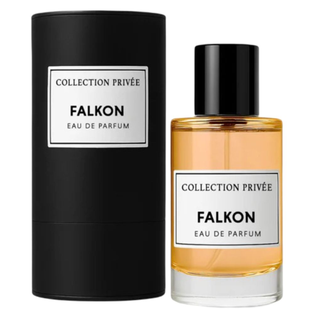 Parfümflakon und zylindrische Verpackung. Aufschrift: Collection Privée, Falkon, Eau de Parfum. Schwarzer Deckel.