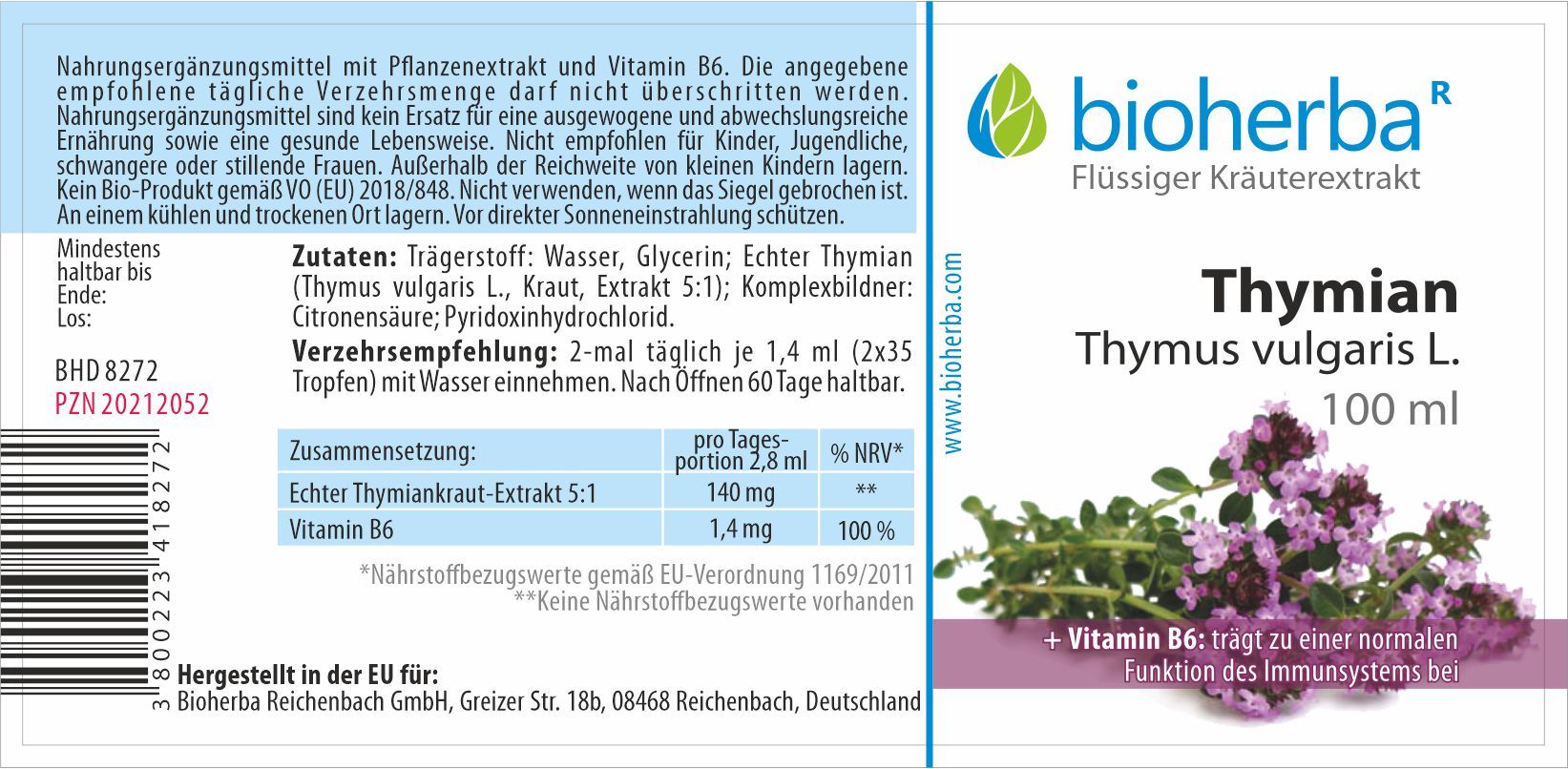Etikett mit Produktinformationen: Bioherba Thymian Tinktur, Inhaltsstoffe, Dosierung, Nährwertangaben, Herstelleradresse.