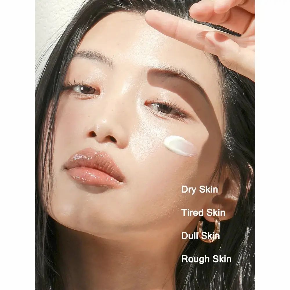 Frau mit Creme auf der Haut. Text: Dry Skin, Tired Skin, Dull Skin, Rough Skin.