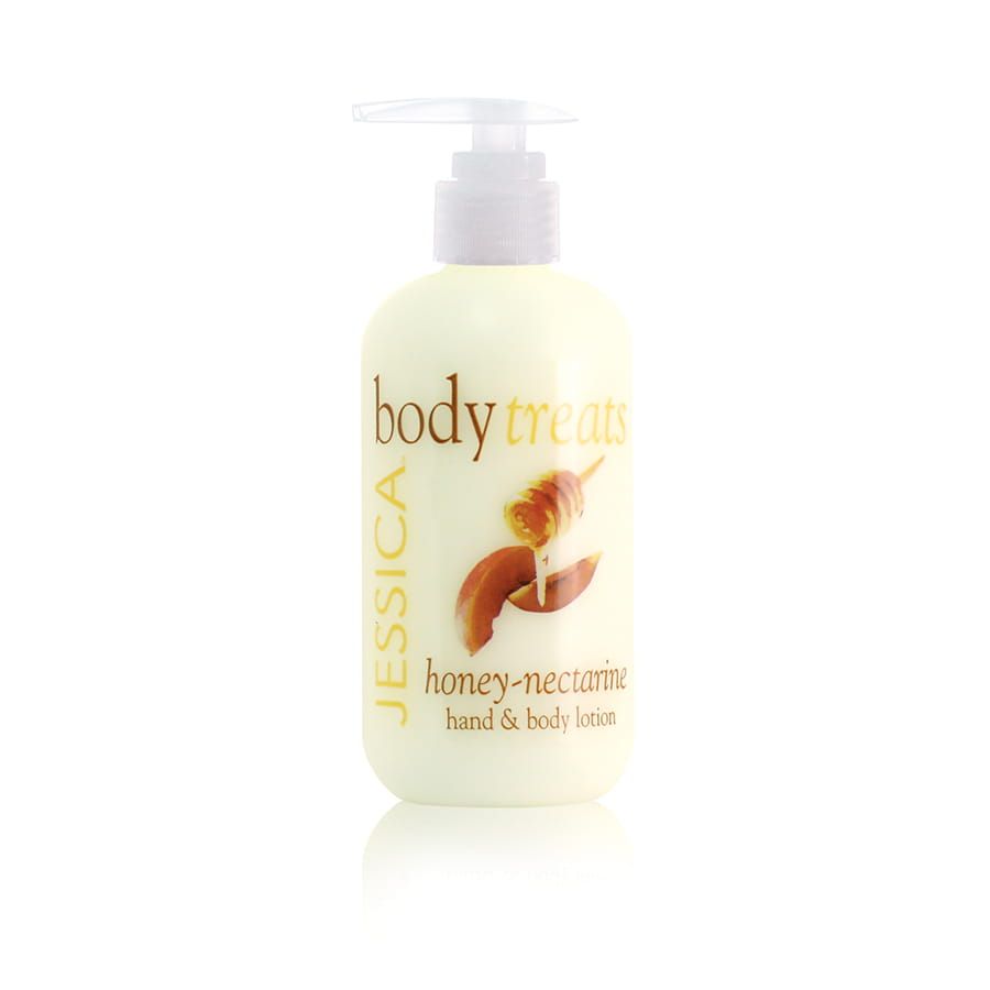 Beige Lotion-Flasche mit Spender. Aufschrift: JESSICA, body treats, honey-nectarine, hand & body lotion. Abbildung: Honigwabe und Nektarine.