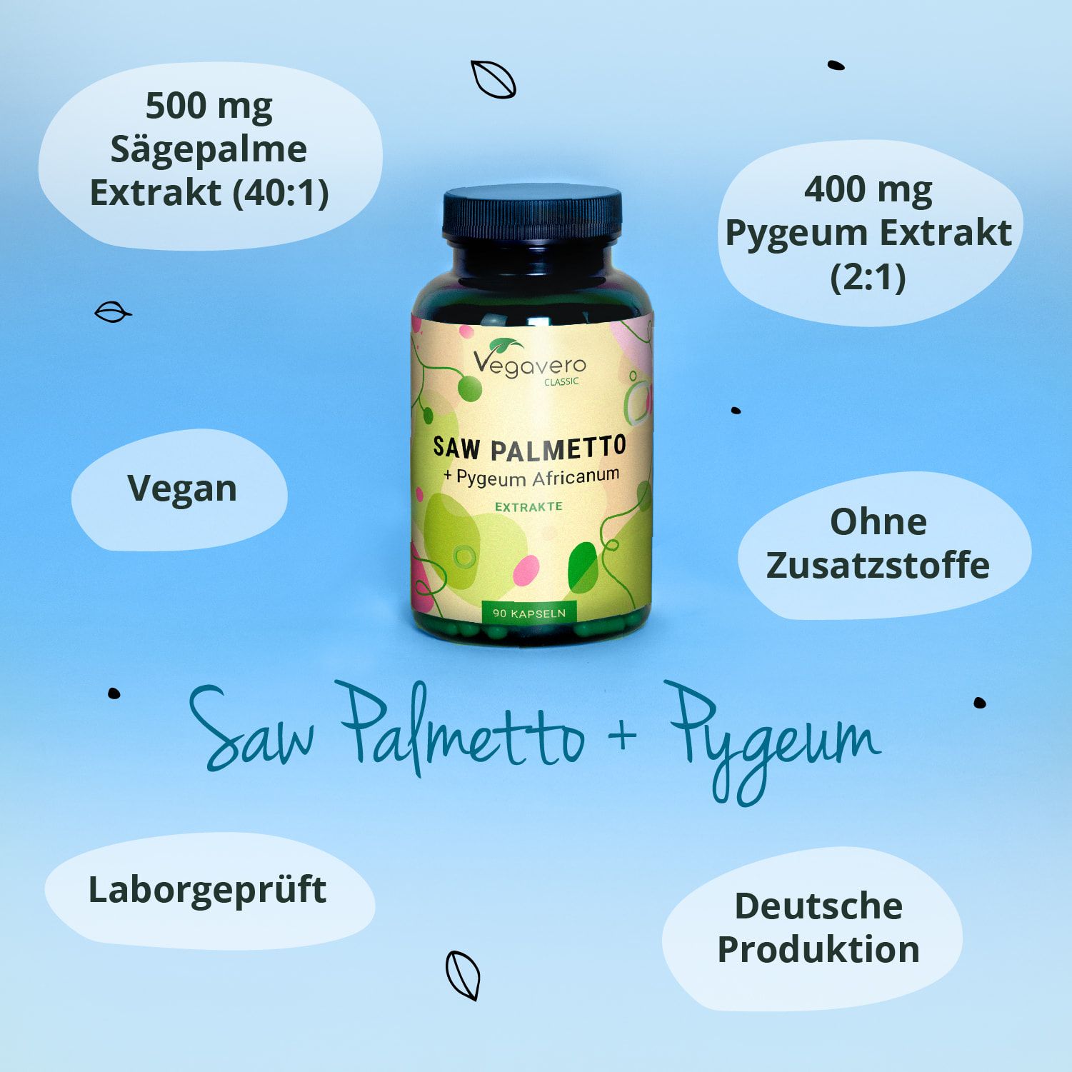 Flasche mit Kapseln. Aufschrift: SAW PALMETTO + Pygeum. Zusätze: 500mg Sägepalme, 400mg Pygeum. Vegan. Deutsche Produktion. Laborgeprüft.