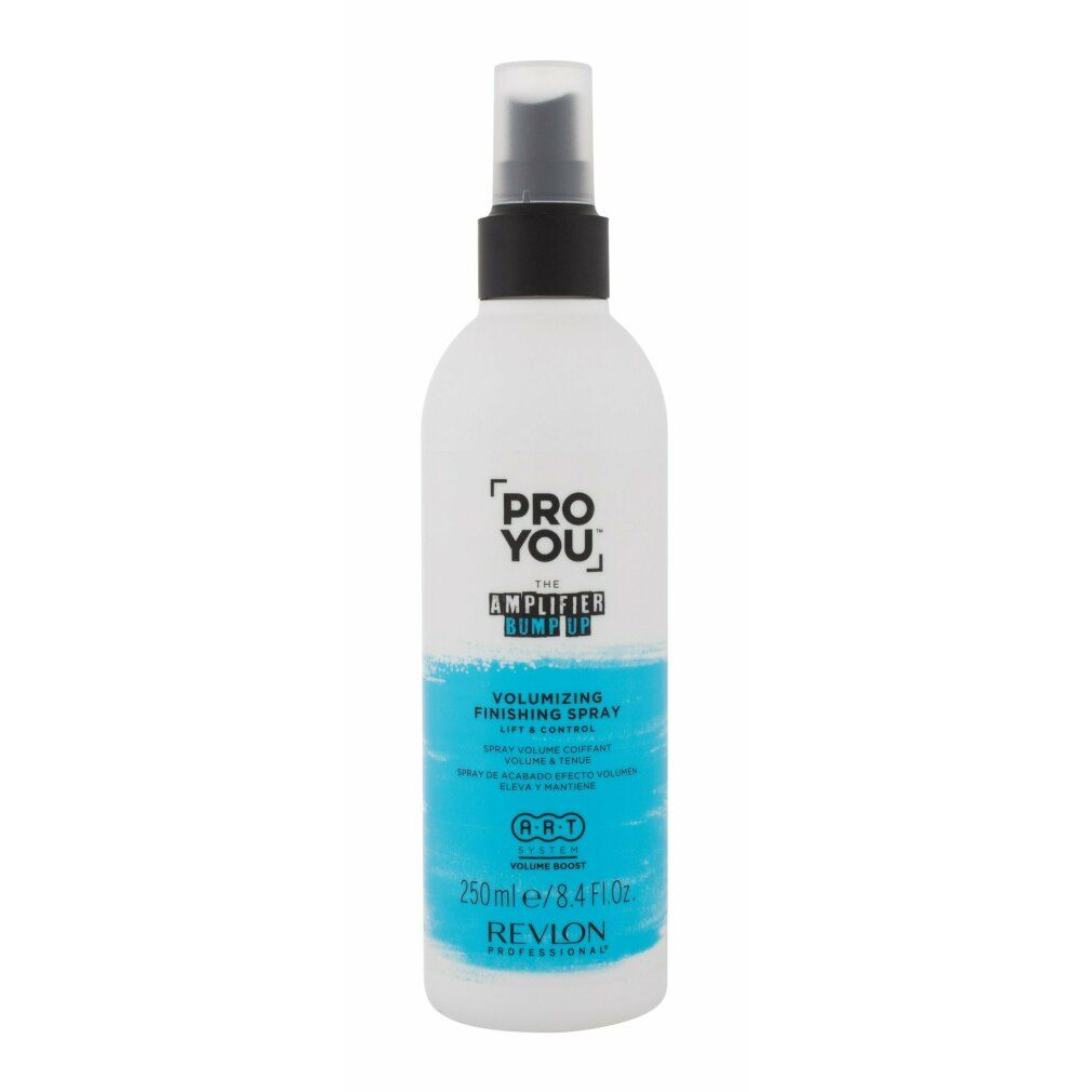 Haarspray-Flasche. Weiß, mit blauem Etikett. Enthält Text: PRO YOU, THE AMPLIFIER BUMP UP, VOLUMIZING FINISHING SPRAY, REVLON PROFESSIONAL.
