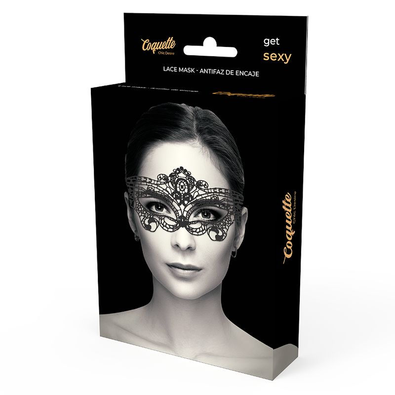 Verpackung von Coquette Spitzen-Augenmaske. Schwarzer Karton mit Produktbild. Text: 'get sexy' und 'Lace Mask'.