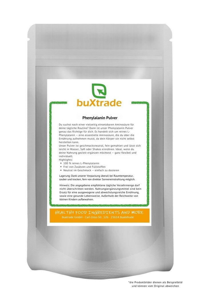 Beutel mit Phenylalanin Pulver. Aufschrift: buXtrade, Phenylalanin Pulver. Text in Grün umrandet.