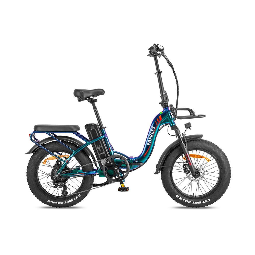 Faltbares E-Bike Fafrees. Breitreifen, schwarz, blau, grün. Korb, Gepäckträger, Schutzbleche. Akku am Rahmen.