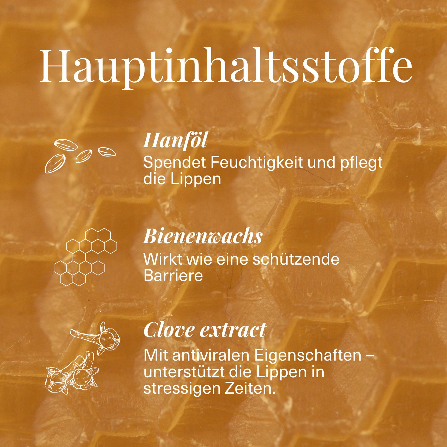 Hauptinhaltsstoffe: Hanföl, Bienenwachs, Nelkenextrakt mit Icons und Text.