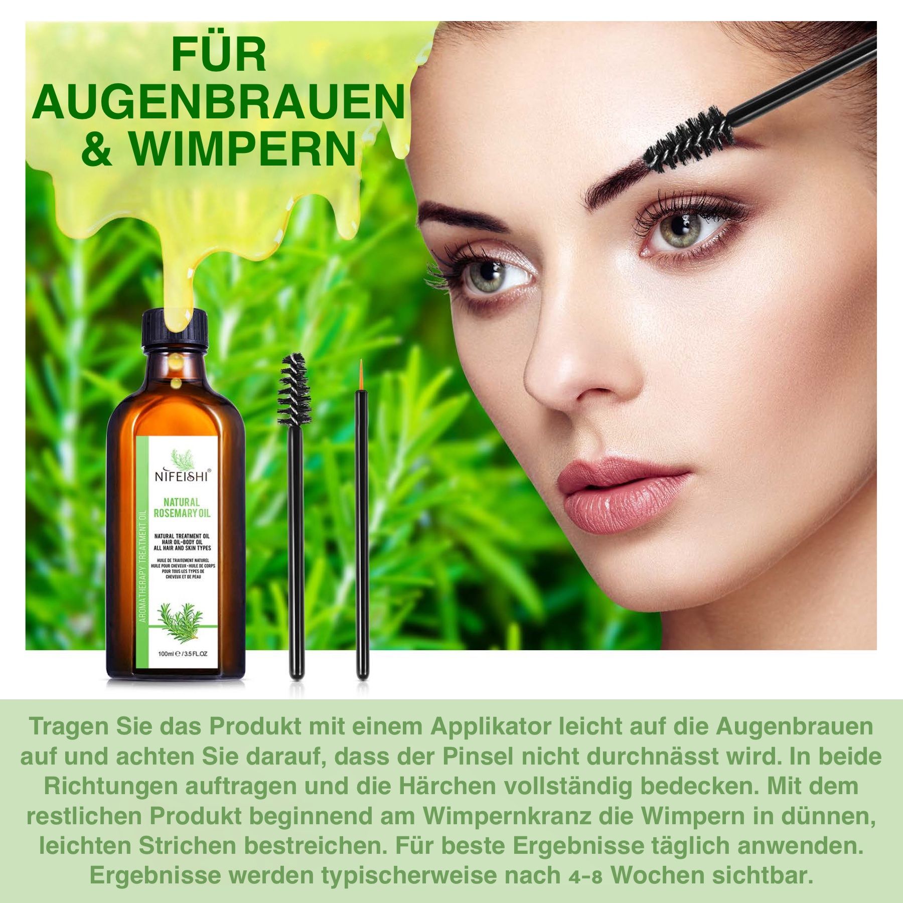 Braune Flasche mit schwarzem Deckel und Applikatoren. Text: Natural Rosemary Oil. Aufschrift für Augenbrauen & Wimpern.