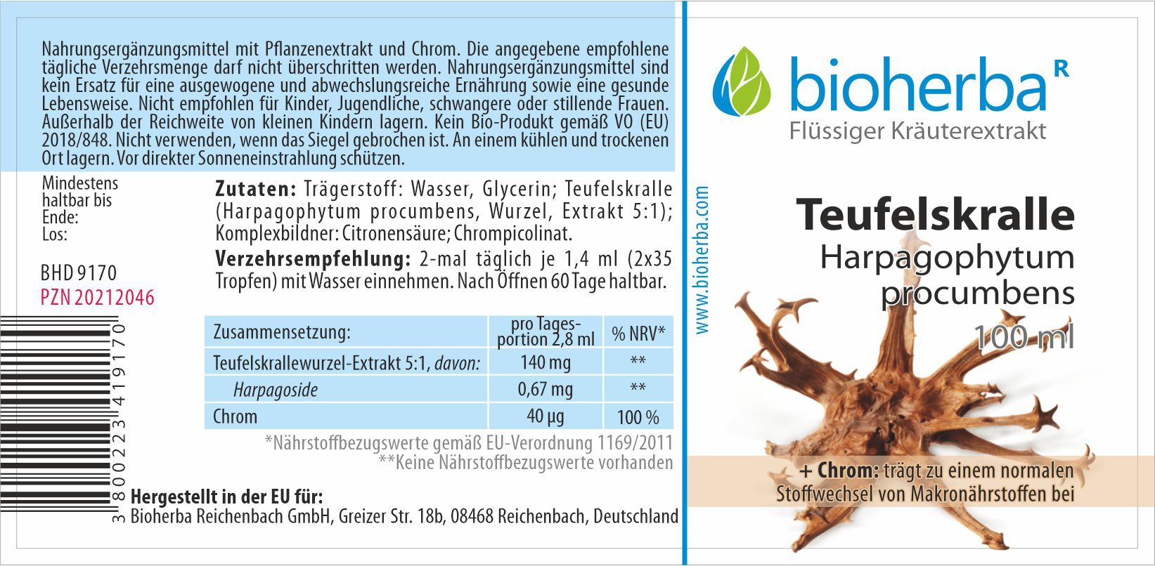 Etikett mit Produktinformationen. Zutaten, Verzehrempfehlung, Nährwertangaben und Herstelleradresse. Bioherba Teufelskralle.