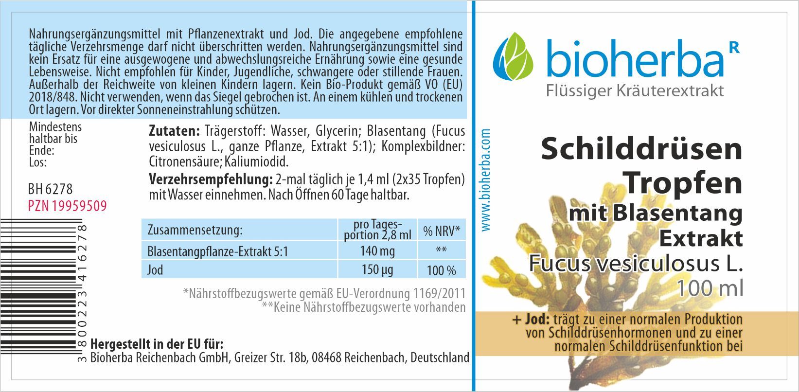Etikett mit Produktnamen und Logo. Text: Schilddrüsen Tropfen mit Blasentang Extrakt. Enthält Informationen zu Inhaltsstoffen und Dosierung.