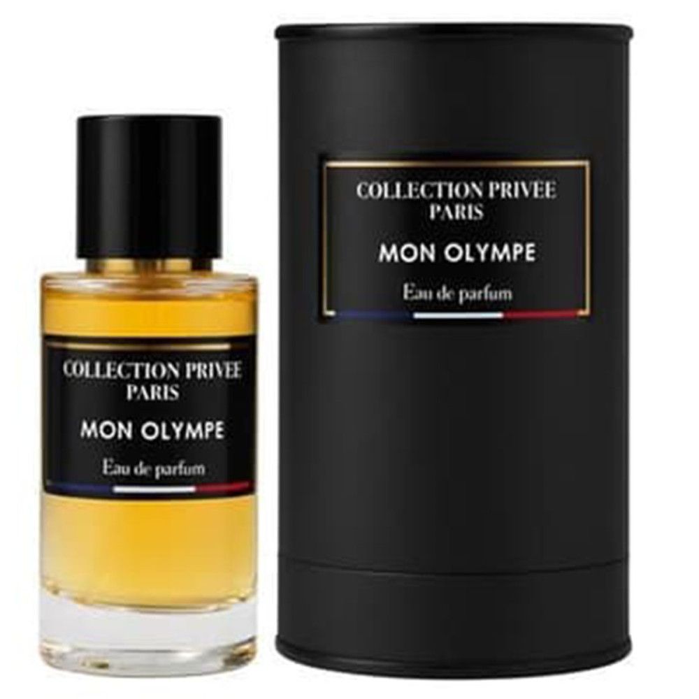 Parfümflakon neben schwarzer zylindrischer Verpackung. Schwarzes Etikett mit weißer Schrift: Collection Privée Paris, Mon Olympe, Eau de parfum. Flagge.