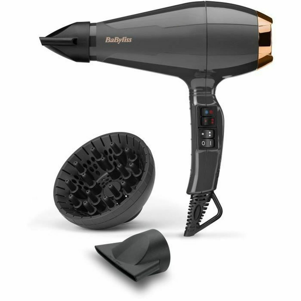 Haartrockner, dunkelgrau mit goldenen Akzenten. Marke BaByliss. Diffusor und Stylingdüse.