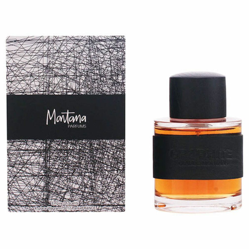 Montana Graphite EdT Flakon und Verpackung. Schwarzer Deckel, schwarzes Etikett. Verpackung mit Muster und Markenname.