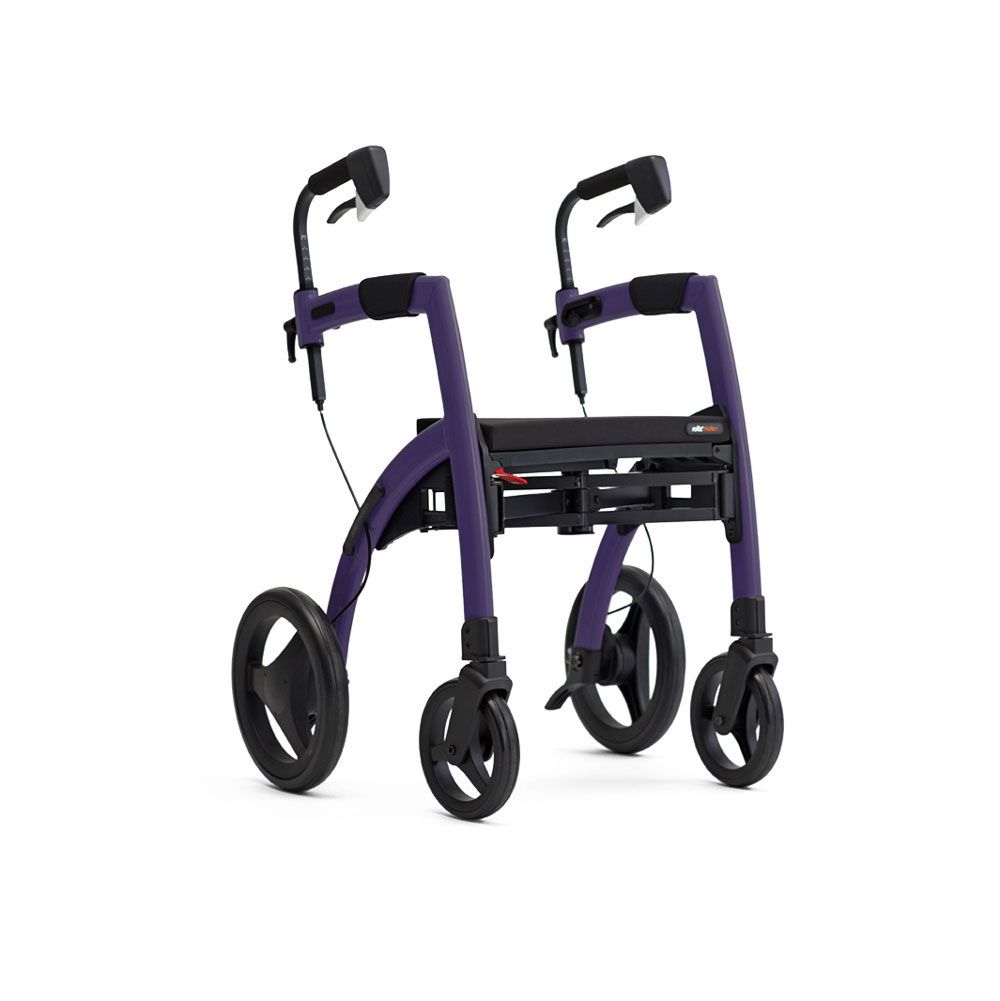 Rollator in Lila mit vier Rädern. Frontale Ansicht. Griffe und Sitz.