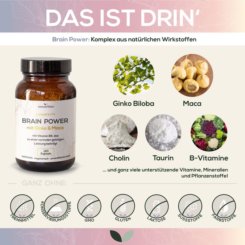 Produktflasche neben Grafiken von Inhaltsstoffen. Etikett "Brain Power".