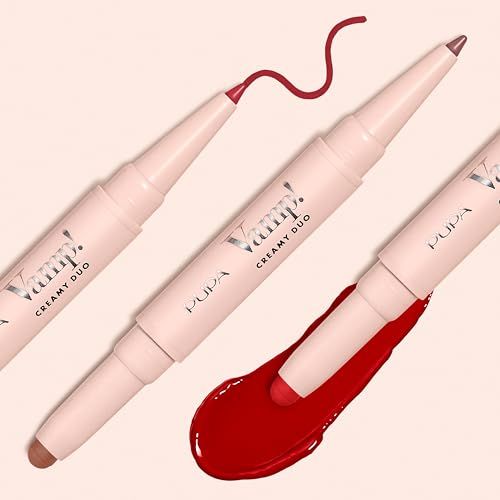 Pupa Vamp Creamy Duo: Lipliner und Lippenstift mit roten und braunen Swatches.