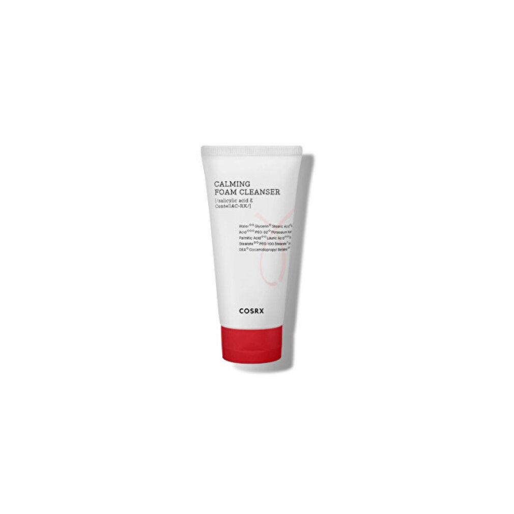 Weißer Tubenbehälter mit rotem Boden. Aufschrift: CALMING FOAM CLEANSER. Marke: COSRX.