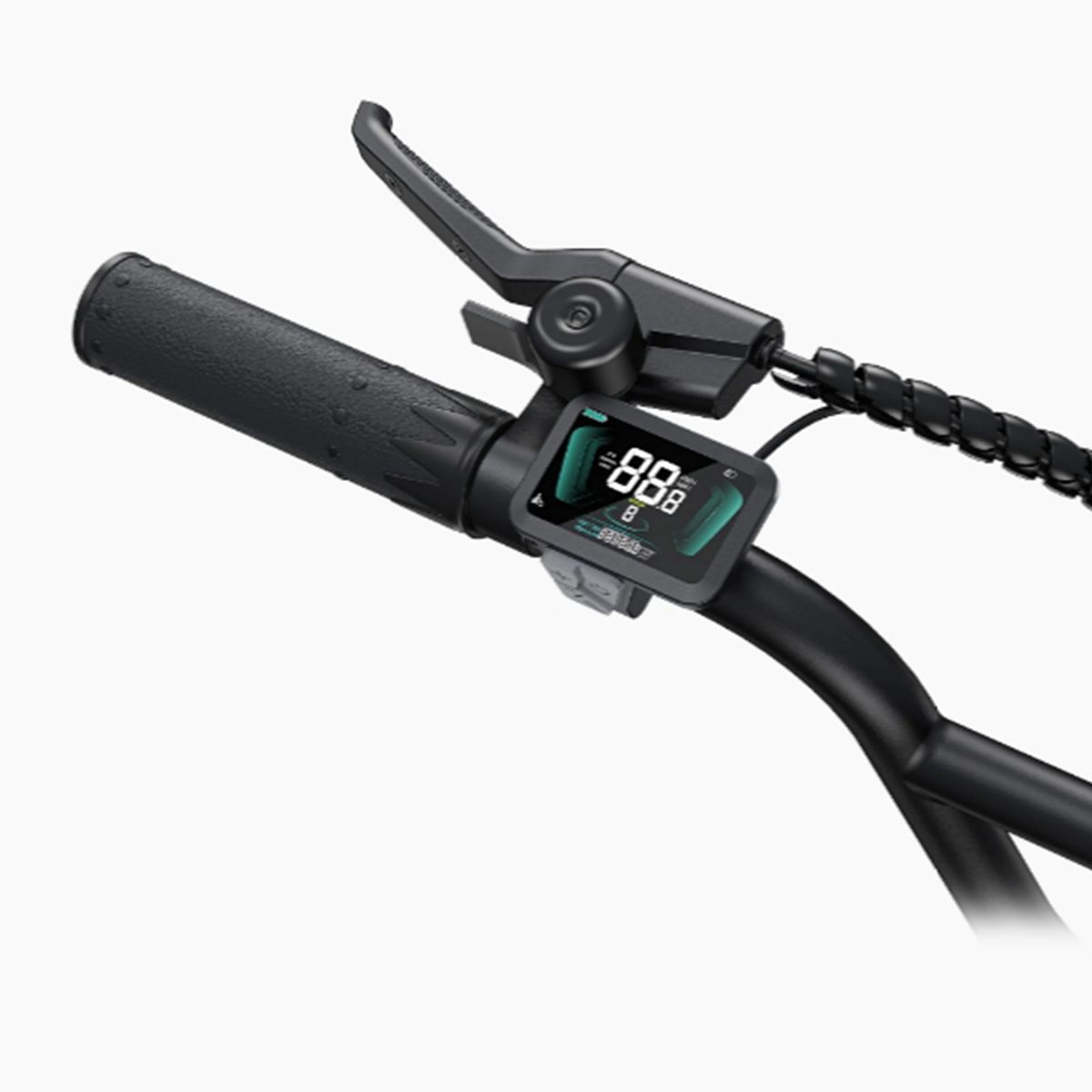 Detailansicht des Lenkers eines Elektrofahrrads mit Display. Marke ENGWE.