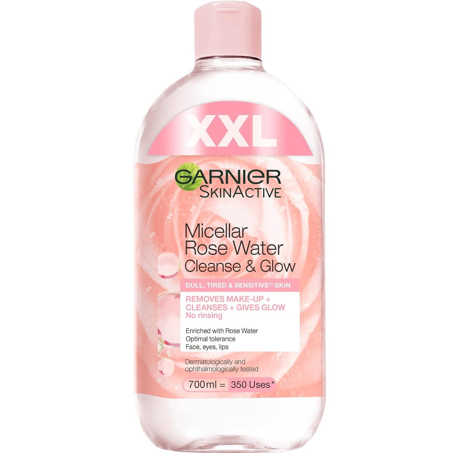 Klare Flasche mit rosa Flüssigkeit. Etikett mit Produktnamen, Marke Garnier SkinActive und Inhaltsstoffen. Rosa Deckel. XXL-Format.