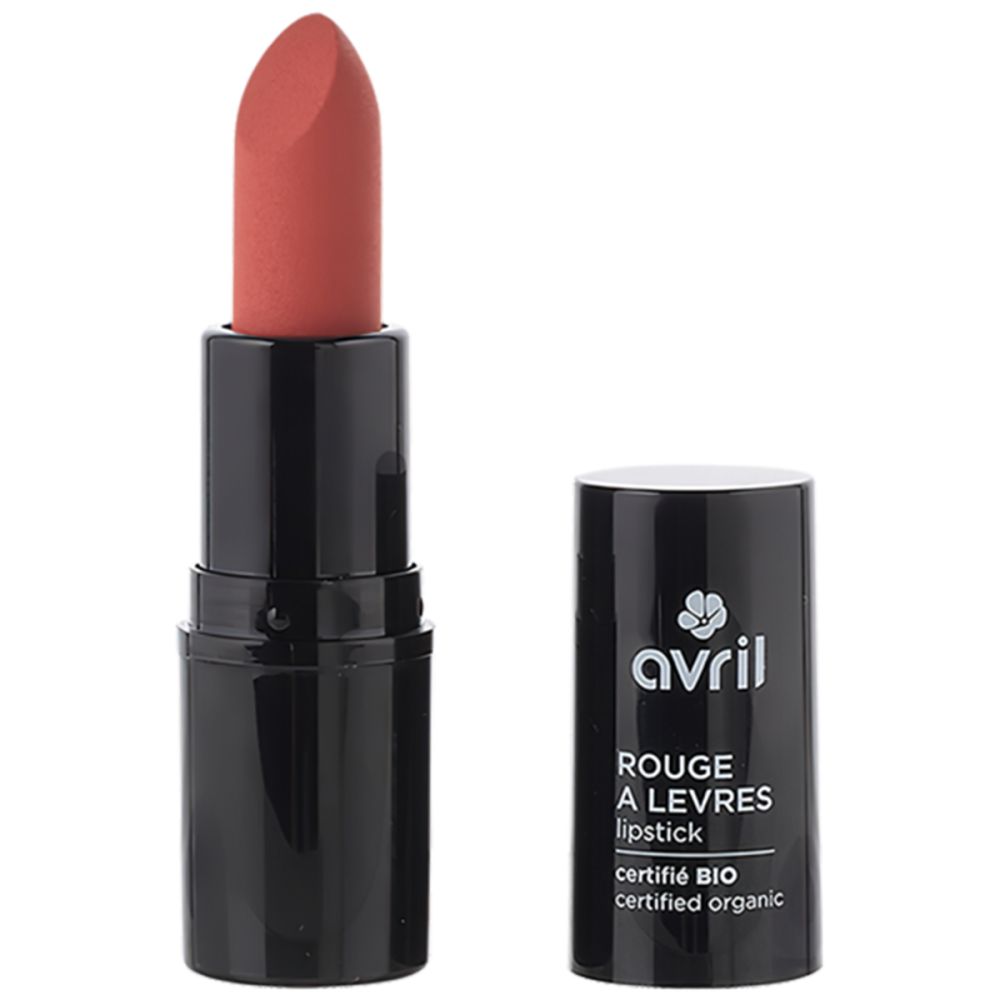Schwarzer Lippenstift-Behälter mit geöffneter Kappe. Der Lippenstift ist in einem Rosé-Ton gehalten. Aufschrift: Avril, Rouge à Lèvres, certifié BIO.